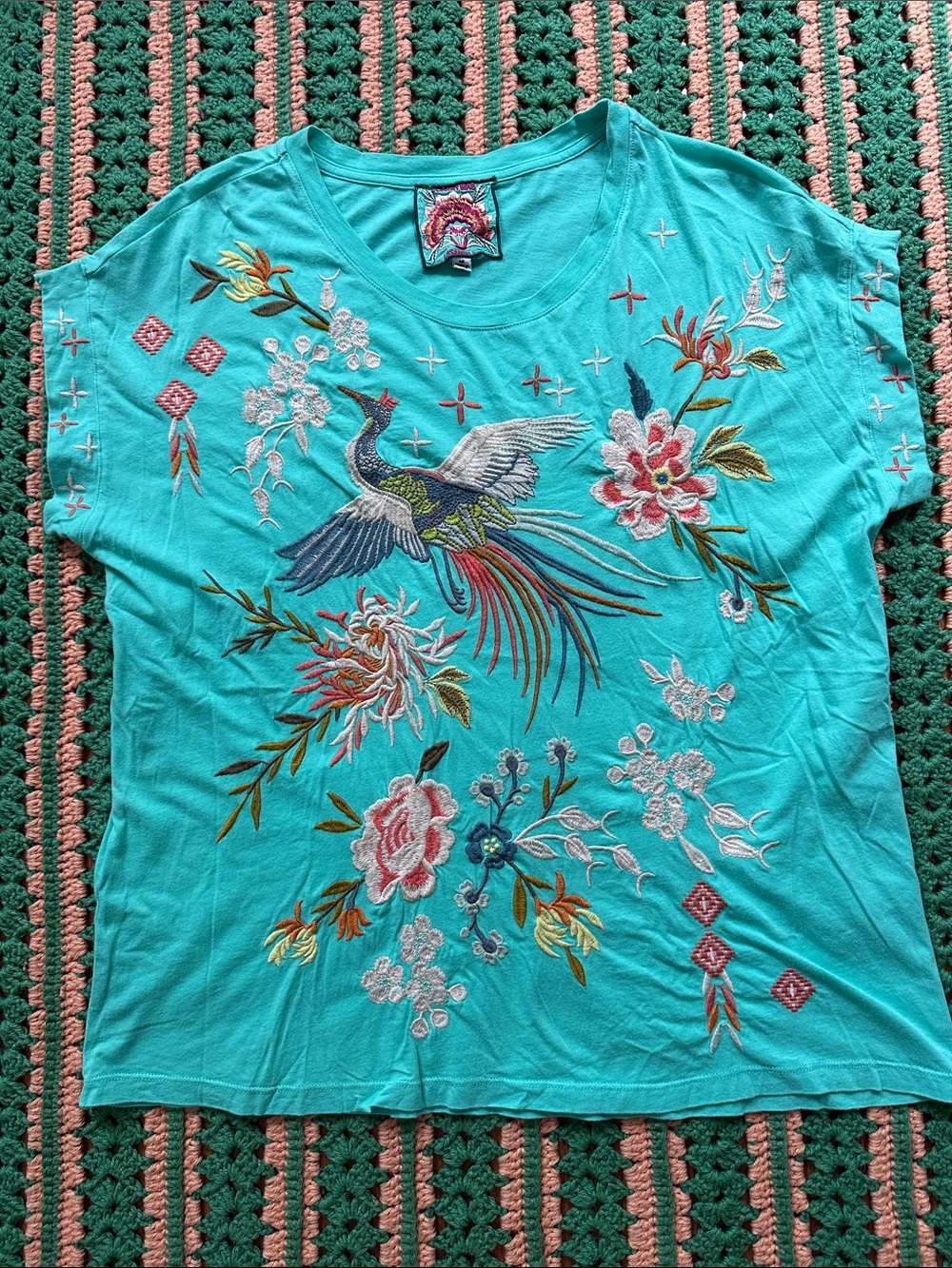 Johnny Was Teal Tee with Colorful Bird Motif